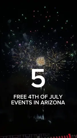 A post by @hungryhotline on TikTok caption: 5 FREE 4th of July events in Arizona! 1. Gilbert 4th of July Celebration  📍Gilbert Regional Park 5:00pm - 9:30pm Live performances,  drone show, & fireworks show!  2. 4th at the Fountain 📍Fountain Park, Fountain Hills  6:00pm - 9:30pm Live concert & firework show 3. Arizona Celebration of Freedom 📍Downtown Mesa 6:00pm - 10:00p Water slides, food,  entertainment & fireworks  4. 4th at the Fountain 📍Fountain Park, Fountain Hills  6:00pm - 9:30pm Live concert & firework show 5. Avondale’s Light Up The Sky  📍Phoenix Raceway 6:00pm - 9:00pm   Kids zone, food trucks, live music,  huge firework show! #4thofjuly #arizona #fireworks #4thofjulyevent #avondale #phoenix #gilbert #mesa #fountainhills 