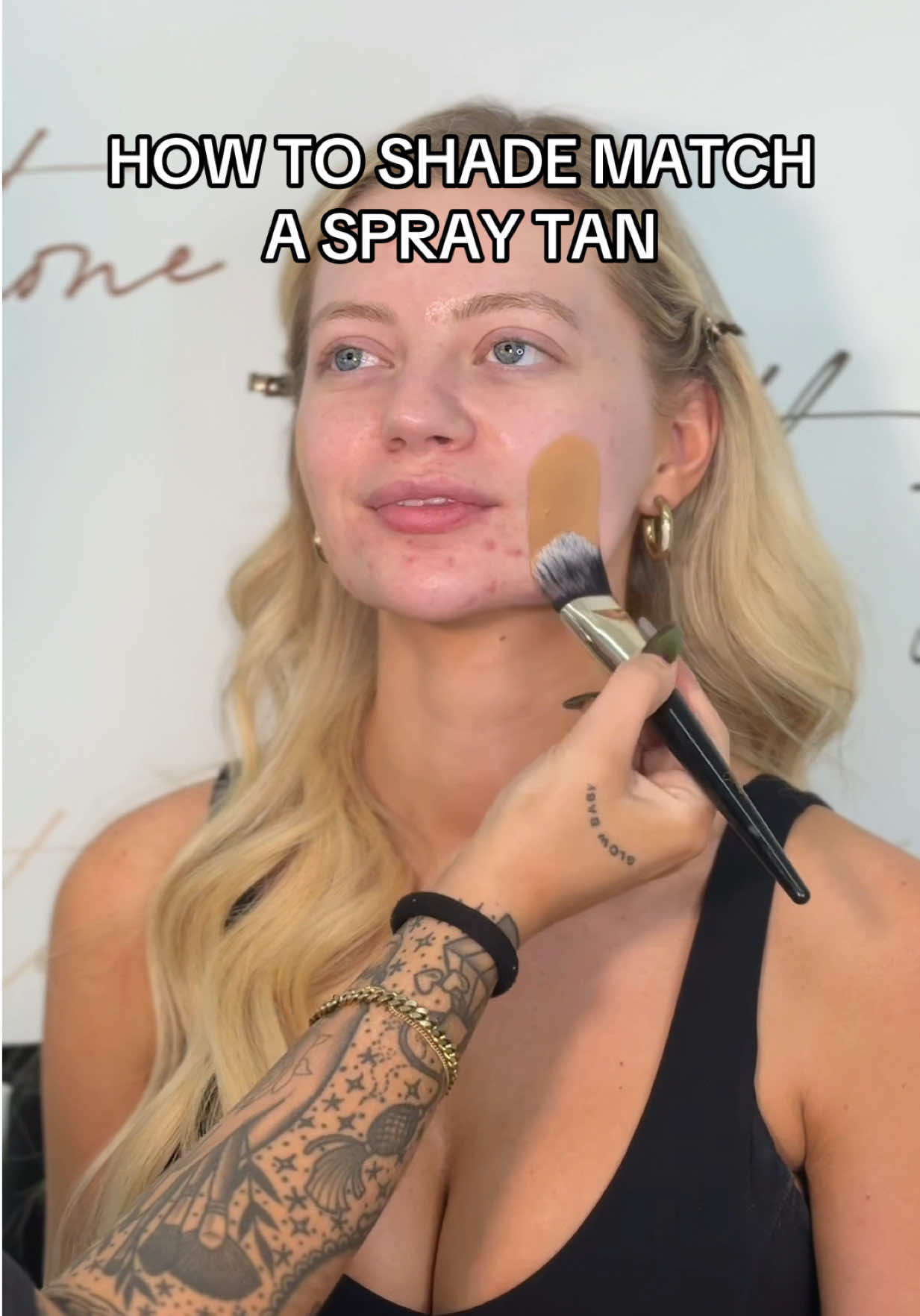 A post by @noelleglammua_ on TikTok caption: How to get the perfect shade match with a spray tan 🤎 got grace all ready for her shoot with @alexandrahively @thehivebodyspa 