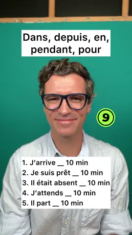 A post by @frenchschooltv on TikTok caption: Prépositions de temps en français !!! Depuis, pendant, pour, dans, en