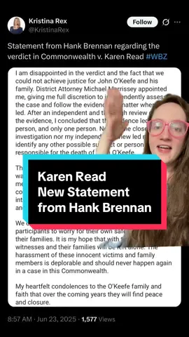 A post by @goojiepooj on TikTok caption: 6/23 9:15am Hank Brennan releases a statement regarding the verdict in the Karen Read retrial #karenread #johnokeefe #massachusetts  