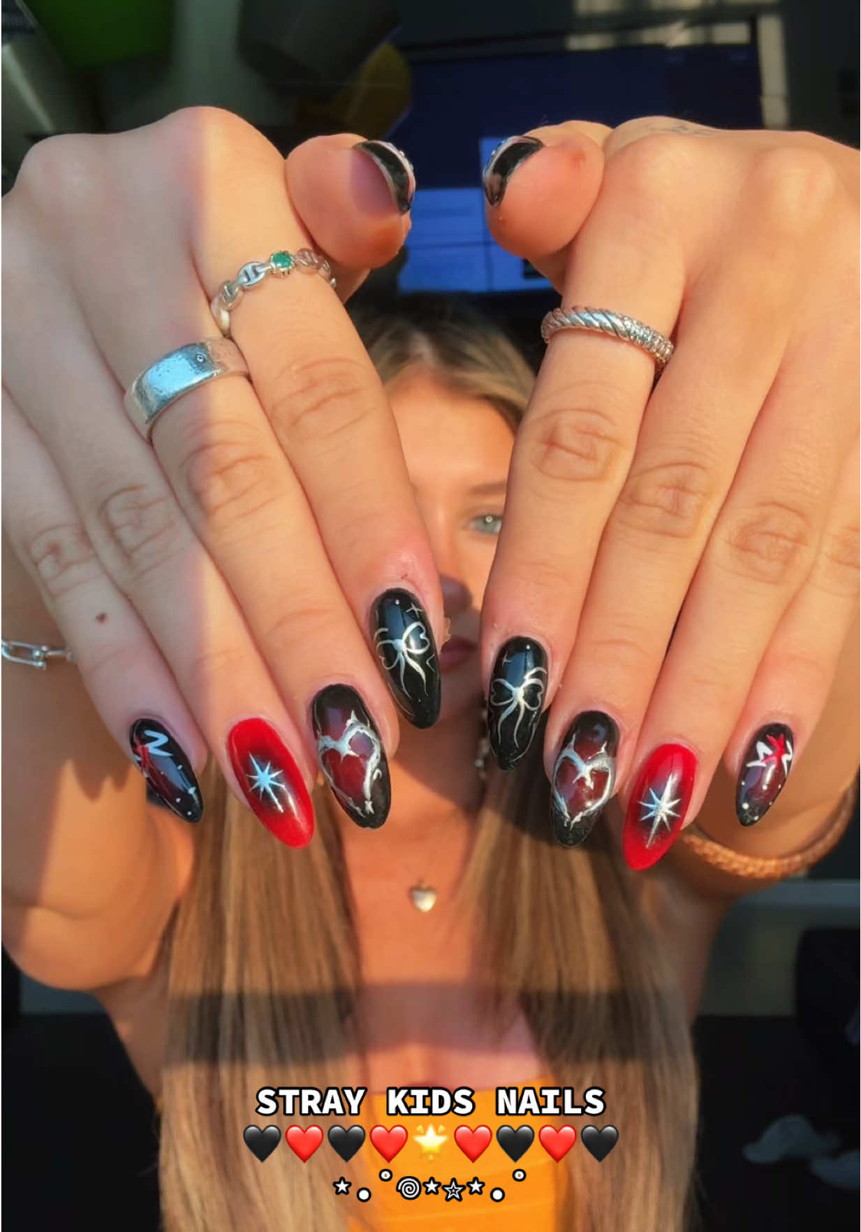 A post by @ellianawalmsley on TikTok caption: EEK IM SOO excited for today 😍😍 love these nails!! ❤️✨✨ #straykids #stay #nails #nailtok #fyp #foryou #stay #dominATE #dominatetourstraykids 