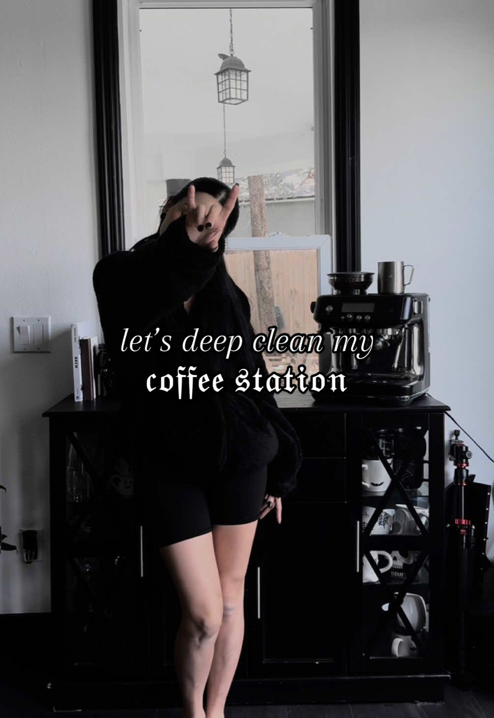A post by @evdreadful on TikTok caption: my coffee station might be boring + bare at the moment, but she deserved some overdue TLC ☕️ 🧼#gothcoffeef#gothcoffee #homedecor #coffeecoven #gothdecor #CleanTok #breville #aesthetic #Vlog #coffeebar