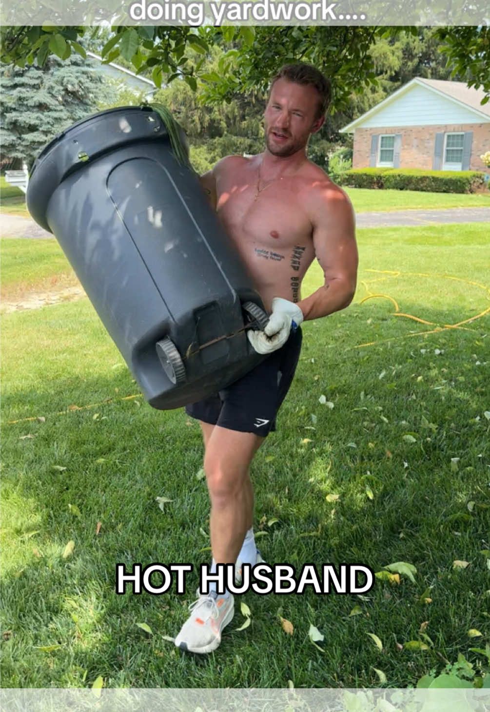 A post by @katiesantry on TikTok caption: He pulls weeds, I grow the baby. 🥵🤷‍♀️🥰 #hothusbandcheck #husbandwifecomedy #husbandwife #husband #husbandsoftiktok #viral #fyp #millenialmom #momsover30 #couplestiktok #couplescomedy 