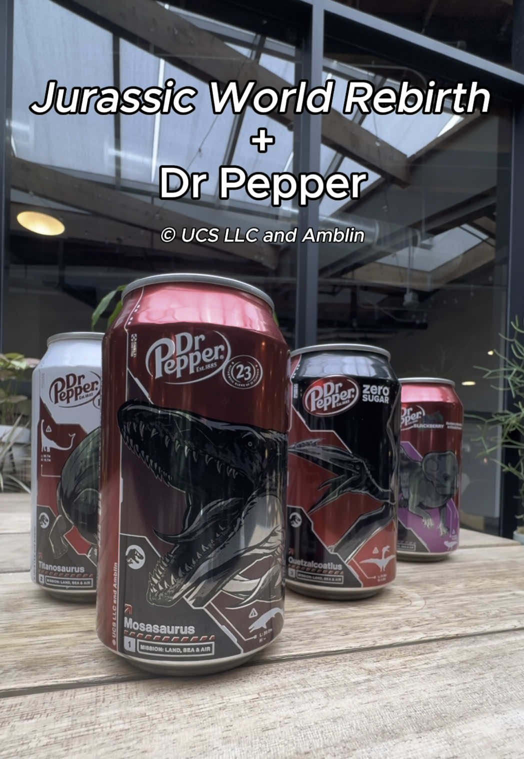 A post by @drpepper on TikTok caption: Colossal flavor is on the loose! Grab a limited-edition can of Jurassic World Rebirth and see the film, only in theaters July 2nd