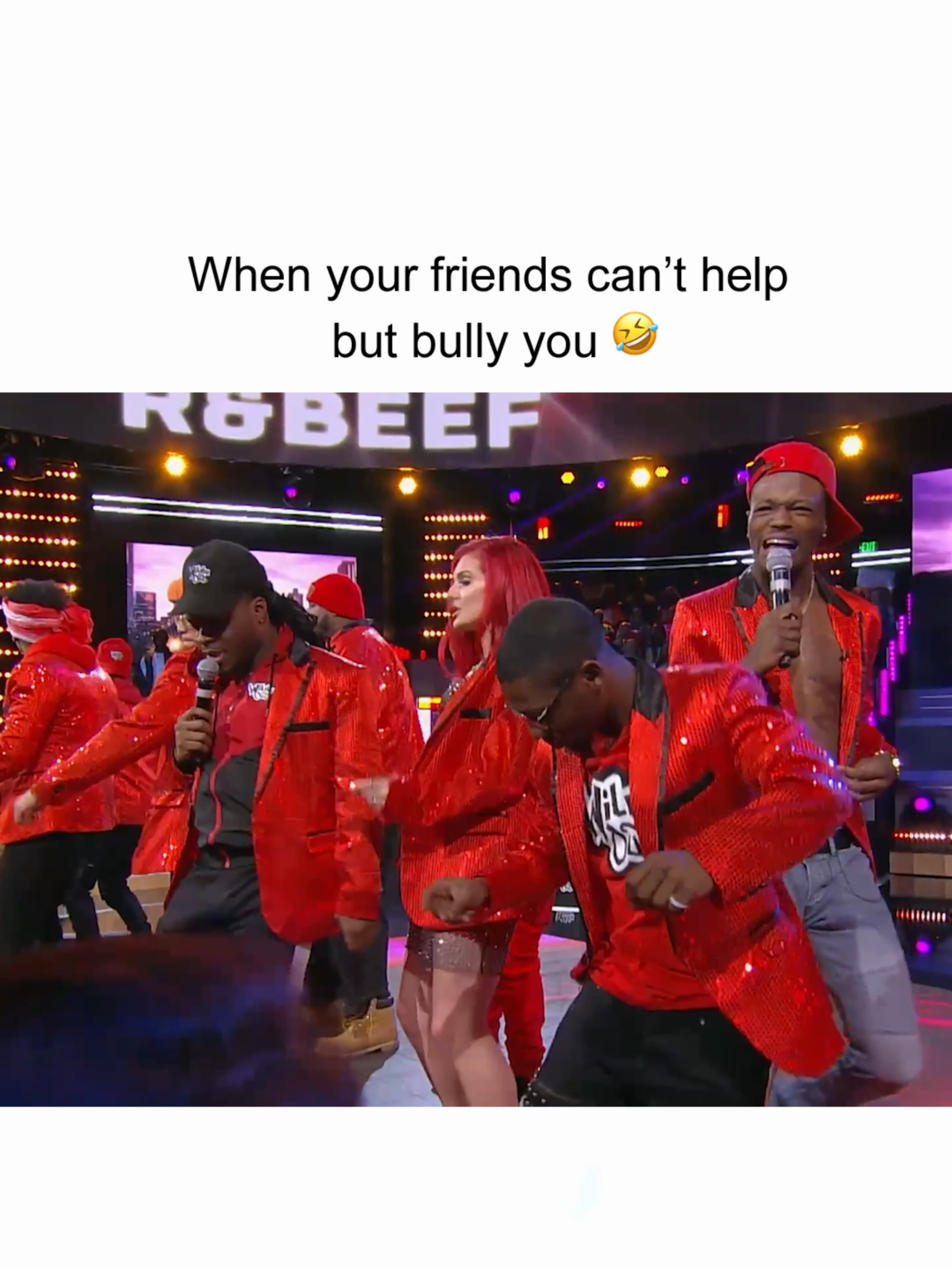 A post by @wildnout on TikTok caption: That's what friends are for right? 🤣 #WildNOut #r&beef #eman #emmanuelhudson #nickcannon #charlieclips #justinavalentine #dcyoungfly #funny #jokes #friends #relateable #lol