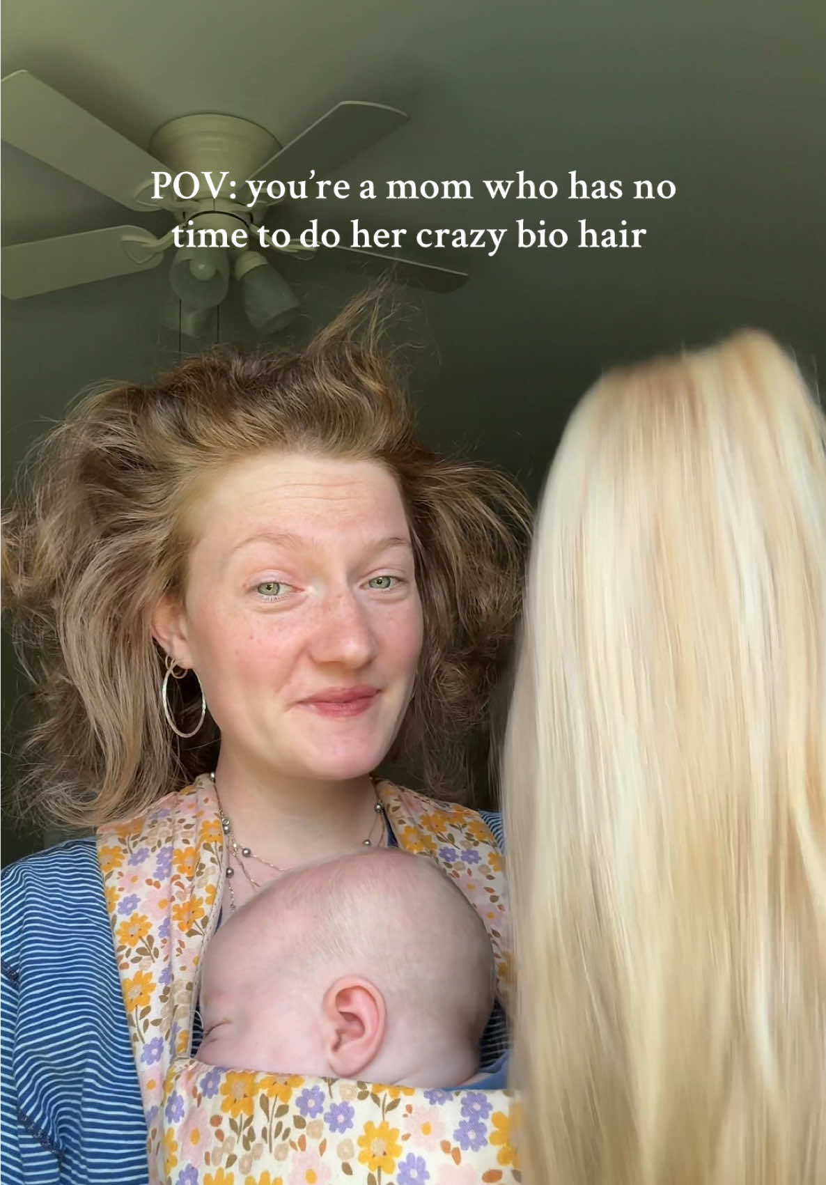 A post by @elyssajoy_ on TikTok caption: I have 0 time to myself. So sometimes that means wearing my daughter and throwing on my beautiful wig in under 3 minutes  Perfectly styled full hair just waiting for me - a mom hack for sure  This wig is my beautiful @follea Style wig 12” in color chai latte  I wear wigs because I have Trichitillomania so don’t come for me  . #dapartner #follea #folleastyle #hair #wig #hairloss #trichitillomania