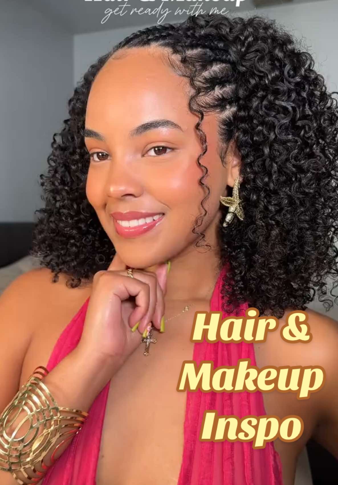 A post by @michixo__ on TikTok caption: Braided hairstyle + simple makeup inspo 💖🌴 #hair #hairstyle #braids #inspiration #makeup #routine #summer #braidstyles #curlyhairstyles 