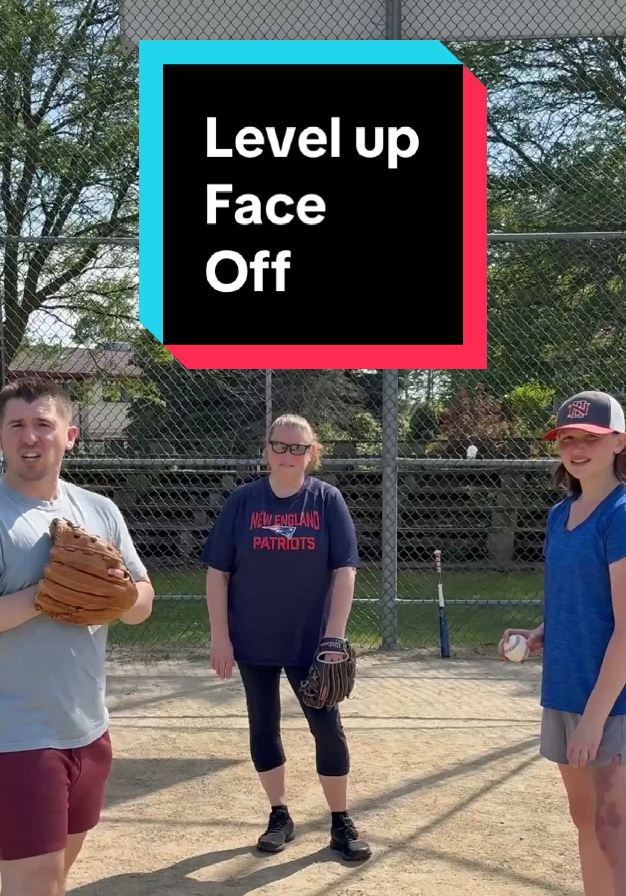A post by @paulieepaull on TikTok caption: A 12 year old TikTok follower and her mom wanted to see who could win in a level up face off!! #trickshot #baseball 
