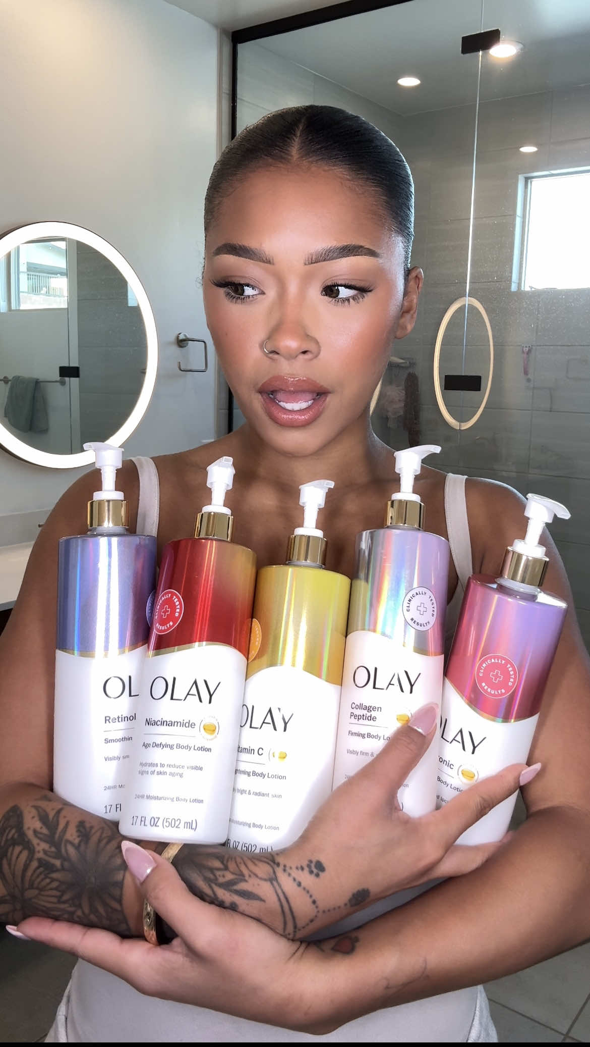 A post by @leilanigreen on TikTok caption: OKAY @Olay Skin Care #ad #OlayPartner these body lotion options are IT. #olay #olaylotion #olaybodywash #summer #glow #bodycareroutine #lotion