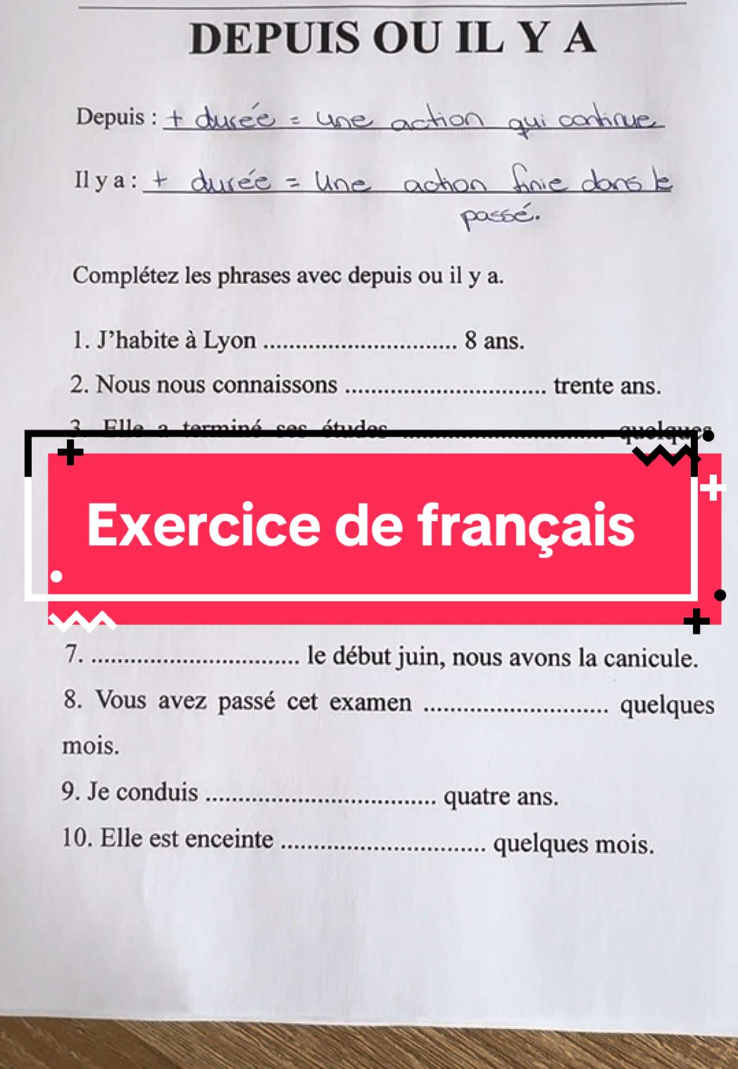 A post by @euqueroaprenderfrances on TikTok caption: Exercice de français : il y a ou depuis ? Laissez vos réponses en commentaire ☺️ Apprendre le français avec Eu quero aprender francês (madame Rose Gomes) #apprendrelefrançais #euqueroaprenderfrancês #rosegomes #français #apprendresurtiktok #learnfrench #france #apprendre #depuis #ilya #fyp #exercice #french 