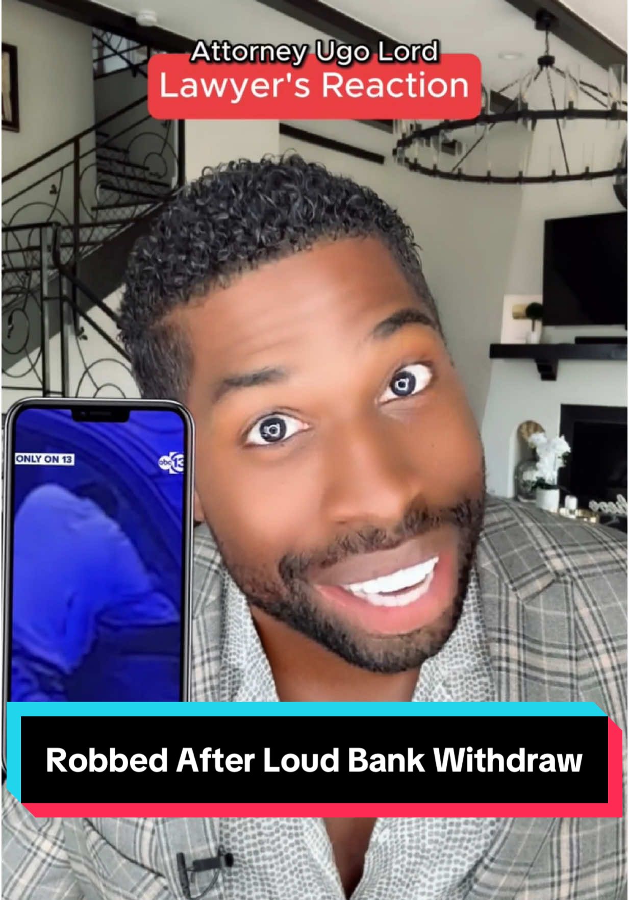 A post by @ugolord on TikTok caption: Couple Robbed After Bank Announces $9K Withdrawal Out Loud! Could This Couple Successfully Sue the Bank for Their Indiscretion? Attorney #UgoLord reacts! #lawyer #lawyersoftiktok #TikTokPartner #TikTokLearningCampaign 
