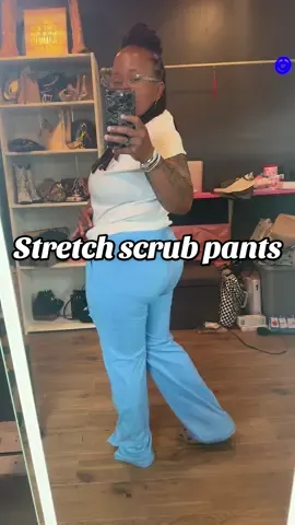 A post by @kenyattamademebuyit on TikTok caption: These pants so good omg 💙💙. #scrubs #scrubpants #healthcareworker #comfyworkpants #stretchscrubs #curvyootd #curvypants #cutescrubpants 