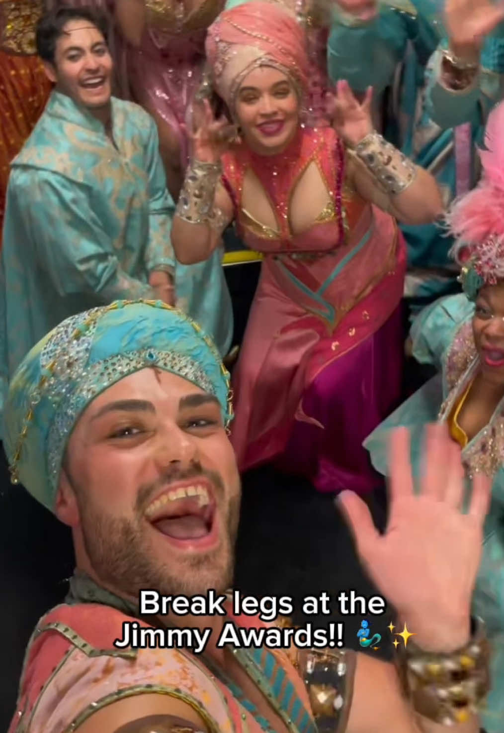 A post by @disneyonbroadway on TikTok caption: Sending a little magic to this year's @jimmyawards nominees from all of us in Agrabah! 💜✨  🎥: @Ryan Manuel Rodiño 