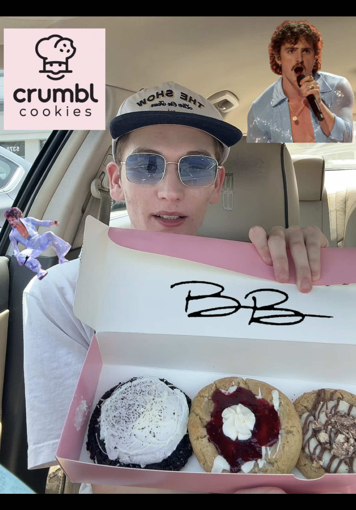 A post by @ashtongaler on TikTok caption: Trying the Benson Boone x Crumbl Moonbeam Ice Cream Cookie @Benson @bensonstightbluejumpsuit @benny #bensonboone #crumbl #mysticalmagical #americanheart 