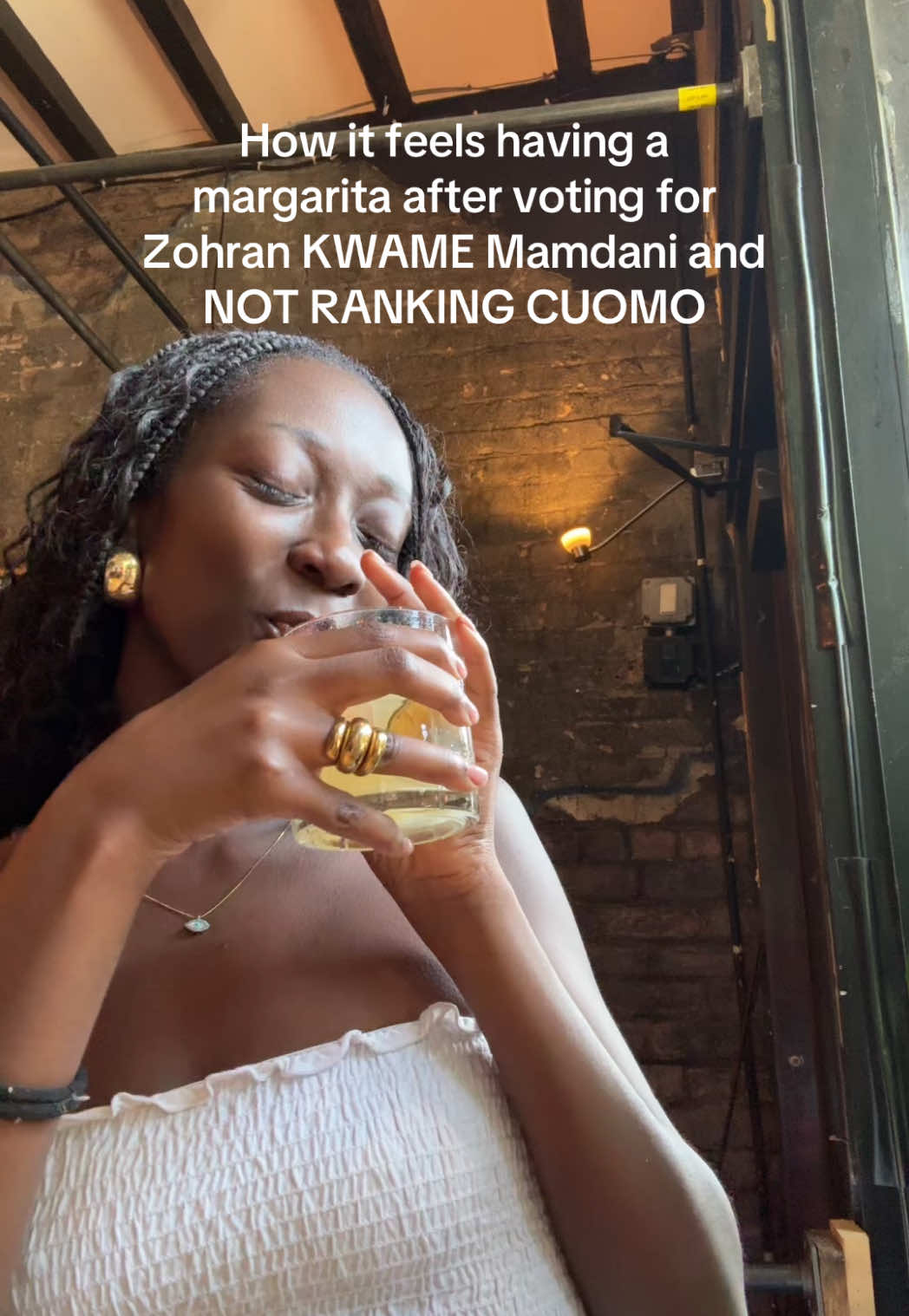 A post by @chvmeleon on TikTok caption: vote zohran KWAME mamdani, don’t rank cu0m0, treat yourself to a margarita after #nyc #vote #nycmayor #zohran 