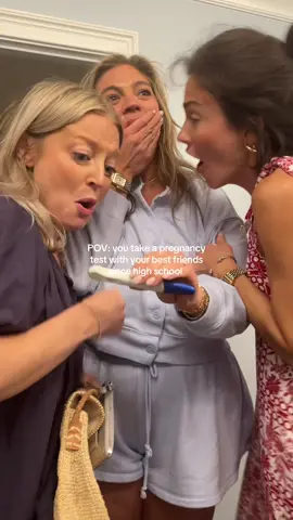 A post by @cassidyandkids on TikTok caption: Why take a pregnancy test with your husband when you can take one with all of your best friends?!  #pregnancytest #pregnancyannouncement #ttc #firsttrimester #fyp #pregnant #MomsofTikTok #girlhood #BestFriends #momfriends 