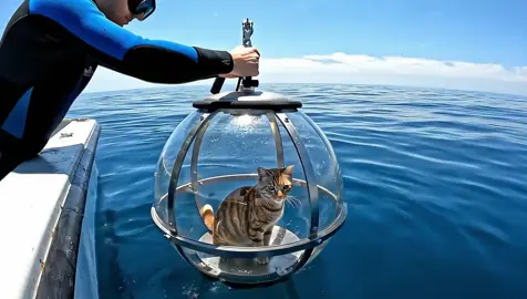 A post by @wttproducts on TikTok caption: Cat enters underwater capsule for the first time 🐈 🌊  #deepseavisitors #underwatercat #oceanexploration #tabbycat 