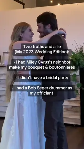 A post by @kendra_matthies on TikTok caption: Two truths and a lie, my wedding edition 🤭 ••• #kendramatthies #wedding #storytime #mileycyrus #bobseger #twotruthsandalie #mua 