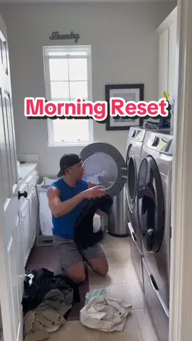 A post by @athomewithbryan on TikTok caption: My morning list of to-dos including ALL THE laundry and bedroom resets typically start after breakfast while my toddlers watch a little bit of tv. It’s all about balance! #todos #laundry #morningreset #dadsoftiktok #balance #housechores #athomewithbryan 