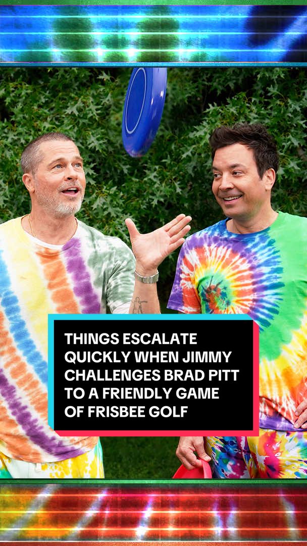 A post by @fallontonight on TikTok caption: Things escalate quickly when Jimmy challenges Brad Pitt to a friendly game of frisbee golf. @F1 Movie #FallonTonight #TonightShow #BradPitt #F1Movie #JimmyFallon 
