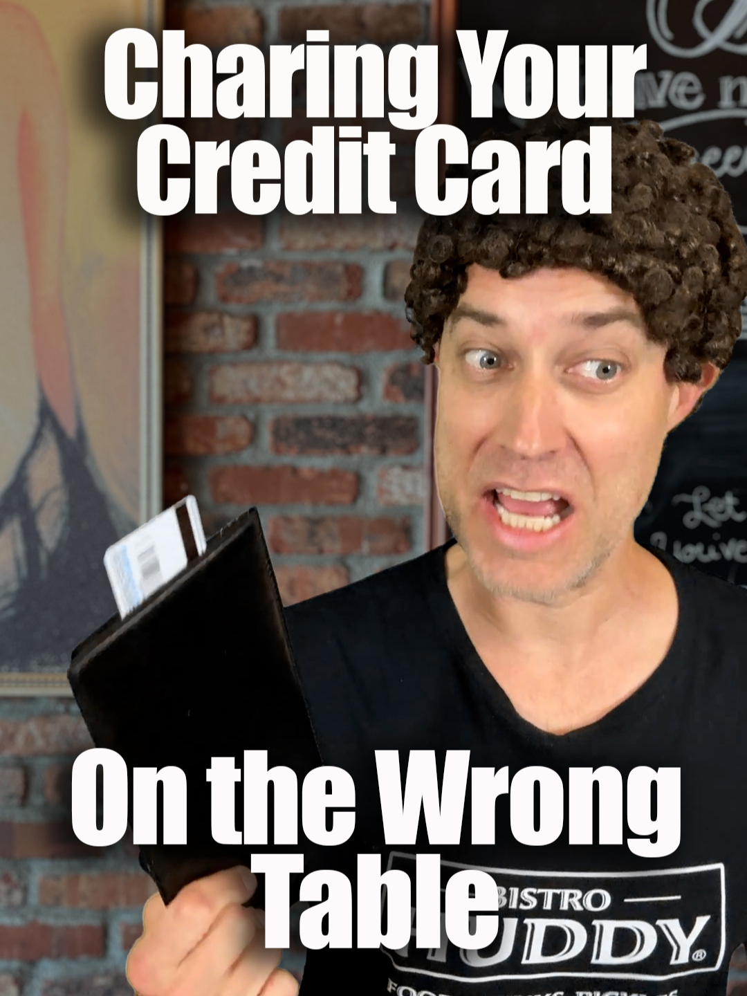 A post by @drew_talbert on TikTok caption: Has any server NOT done this at least once? (co-write w/ @andrea.kelley, inspired by an idea from our Patreon subscriber @linaslitty) #restaurantcomedy #serverlife #bistrohuddy #creditcard #fail