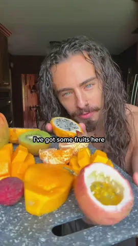 A post by @cainkerner on TikTok caption: Starting my day off with fresh #fruit always feels magical. This was some leftover @miamifruit from my live the other night. #dragonfruit #mango #lychee #pricklypear #tangerine #passionfruit #kiwi 