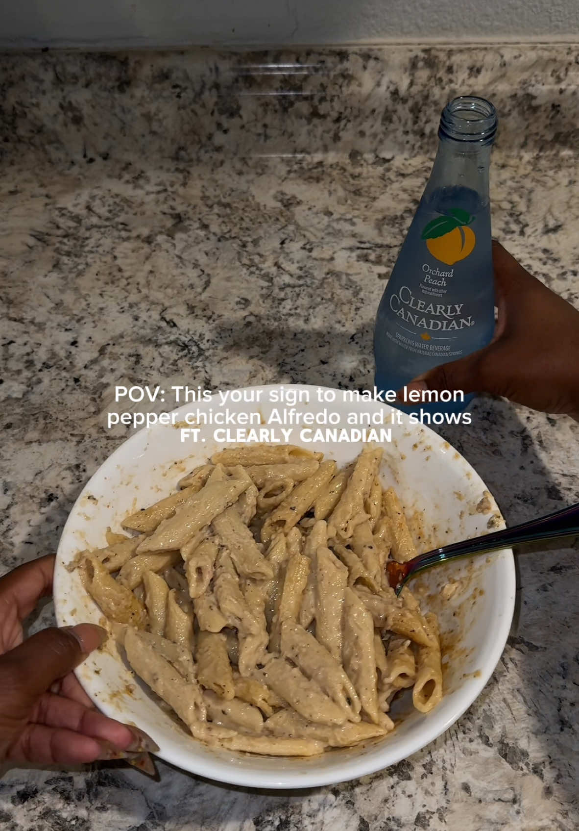 A post by @beautybytian on TikTok caption: I love a nice chicken Alfredo but it’s even better when the bev is a Clearly Canadian sparkling water ✨ @ClearlyCanadian #ClearlyCanadianPartner #ClearlyCanadian #chickenalfredo #chickenalfredorecipe #foodie #food #foodtiktok #FoodTok #cooking #cookingtiktok #cookingtok #homemadefood #satisfying  