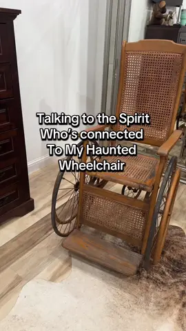 A post by @thebalesky on TikTok caption: This is a Haunted Wheelchair from 1895 and there is a spirit named Connie who likes to hang around it. I have felt her almost daily since bringing this item to my home. Tonight after live I decided to see if she could set off my equipment while I was getting ready for bed and yes she did. I don’t know if she was excited about special K but we will see if that is a trigger next time lol. I love being a psychic medium and talking to dead people. I will have more of these to come in the future when I’m not so tired. #haunted #antique #psychic #ghost #victorian 