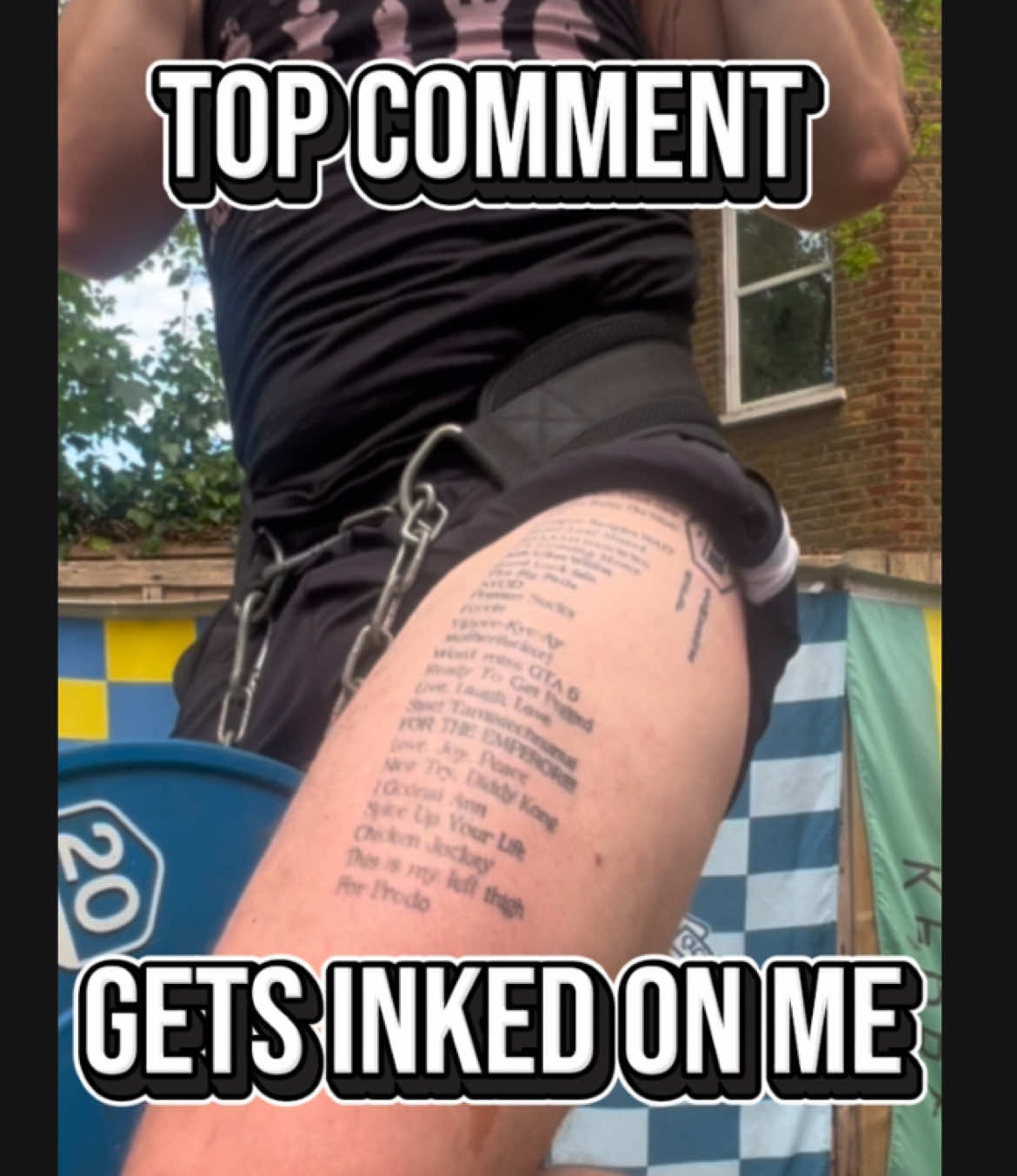 A post by @thekingofchemo on TikTok caption: Anyone who throws £6 into the GoFundMe in my bio can win a tattoo of their choice. Each £6 is 1 ticket, so anyone can win, but more tickets increases your chances.  20 characters max, and nothing that would put sponsors off.  #tattootuesday #tattoo #weirdtattoos #stupidtattoo #cancersurvivor 
