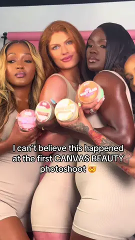 A post by @iamstormisteele on TikTok caption: We were speechless and GAGGED!!! WTH WTH helly!!! 🤯🤯 #canvasbeautybrand #bodyglaze 
