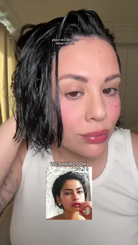 A post by @frenchtouchofmakeup on TikTok caption: Tuto effet cheveux mouillé #wethair #hairstyle #shorthair   J’adore soit mixé de l’aloe vera avec du gel cheveux intensité médium et ajouter de l’huile par dessus ça tiens pas mal et facile à retravailler pdt la journée ♥️