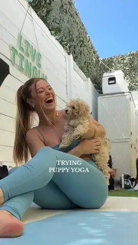 A post by @graciekramer8 on TikTok caption: Yoga with puppies?! SIGN ME UP🧘🏼‍♀️🐾 This was such a fun + unique experience !!! Go try something new this week🫶🏼 #workout #class #puppy #yoga #fitness #DayInTheLife #vlog 