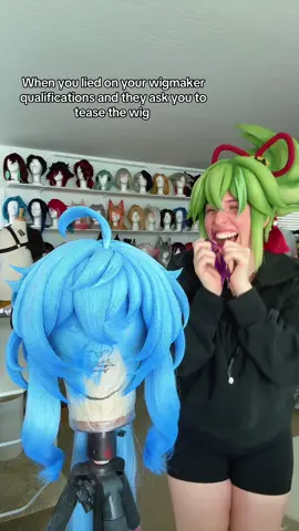 A post by @umbrawigs on TikTok caption: The creativity for this trend is hilarious , I saw my opportunity hahaha. . #wigcommission #wigstyling #cosplaywig #cosplaywigstyling #wigs #wigmaker #GenshinImpact #genshin #kukishinobu #kukishinobuwig #ganyu #ganyuwig #ganyucosplay #kukishinobuwig 