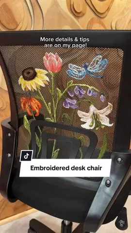 A post by @emilyrayna on TikTok caption: Everyone needs an embroidered desk chair imo #embroidery #diyproject #wfh #workfromhome #diyhomedecor #upcycle #budgetfriendly 