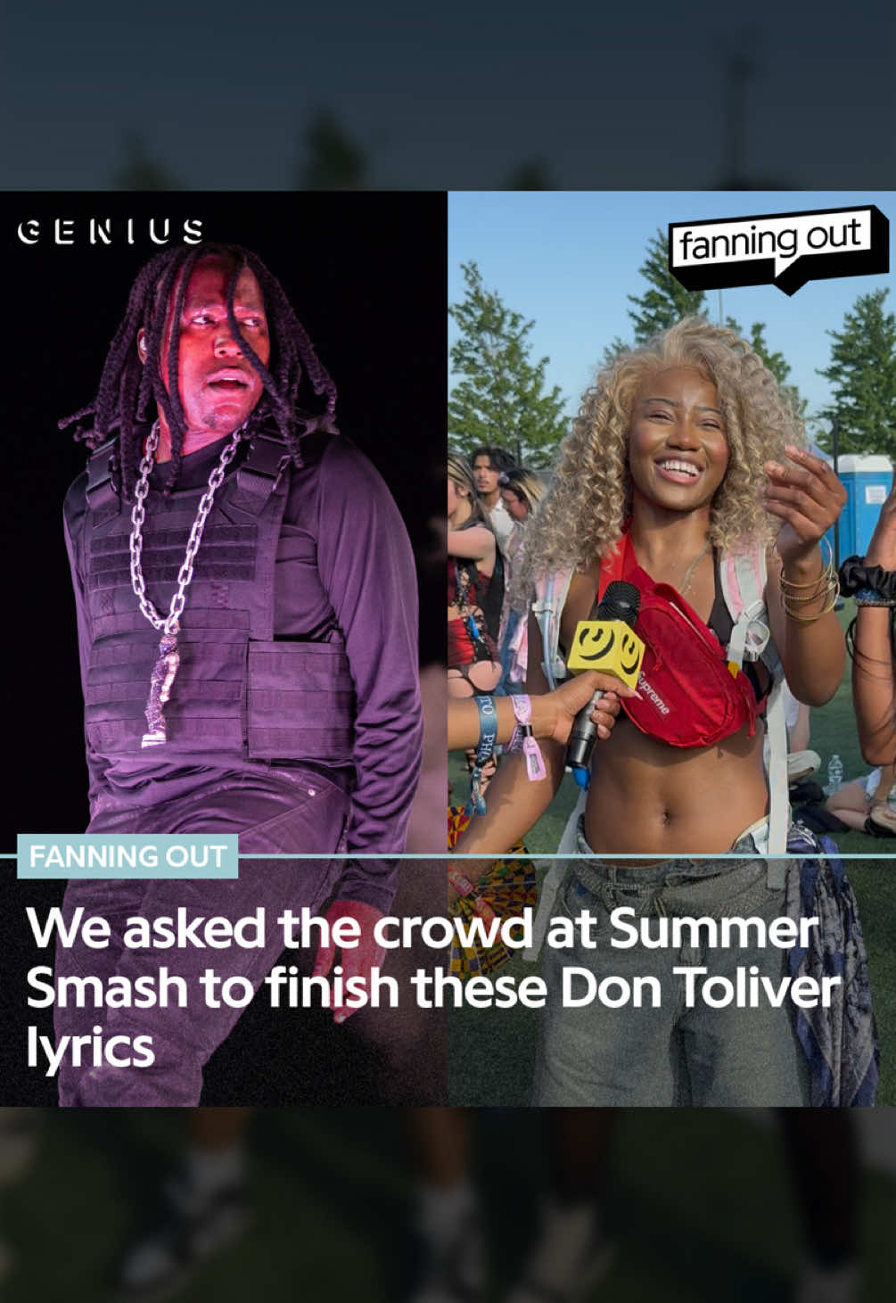 A post by @genius on TikTok caption: "how big of a #dontoliver fan are you?" that's what we asked the audience at #summersmash see if these fans were able to finish these lyrics 🎤🎶 #genius #finishthelyrics #lyrics #rap #hiphop #raptok #musicfestival #viralmusic #summersmash2025 #chicago #illinois #music #musictok 