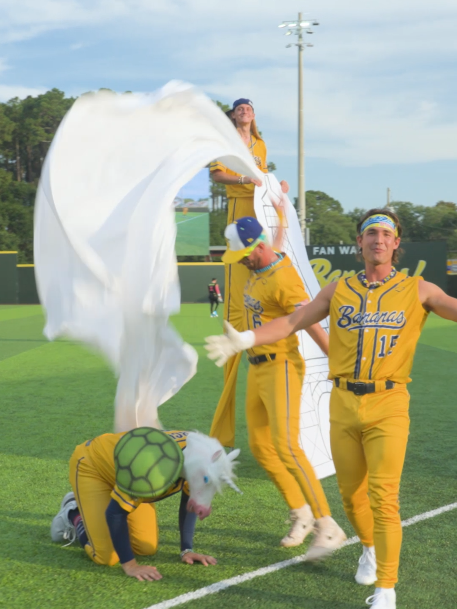 A post by @thesavbananas on TikTok caption: and the Emmy goes to @sfluke25, @coach.rac, & @theglovemagician for their roles as Phineas, Ferb, and Candace👏🙂‍↔️ #savannahbananas #bananaball #trending #disneychannel #phineasandferb
