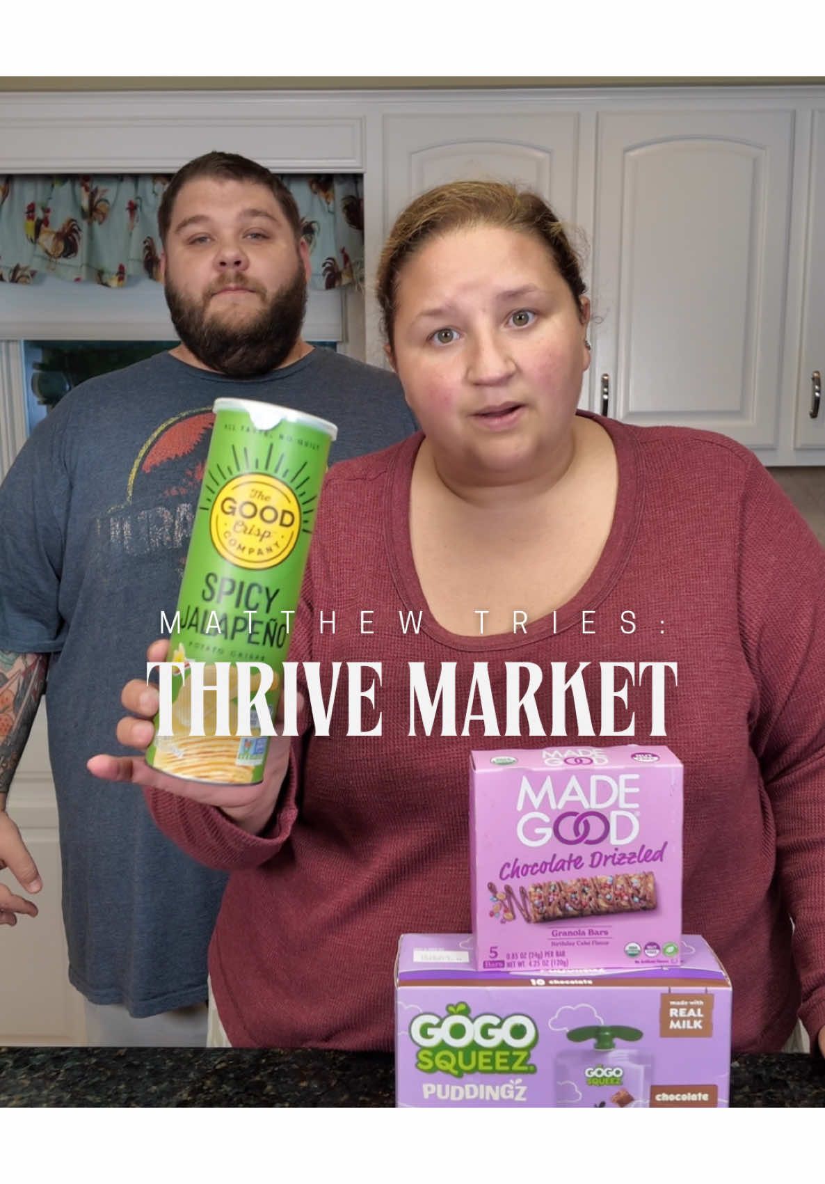 A post by @applesauceandadhd on TikTok caption: It’s a Matthew Tries—@Thrive Market edition! We tried three new-to-us products from Thrive and spoiler: we loved all of them! I’ve been partnering with Thrive for over a year now, and I swear I find something new to obsess over every time. The jalapeño chips might be my favorite snack I’ve tried all year—even if Matthew forgot to cheers me with one(rude). Watch us taste test, react, and rate these finds in real time. #MatthewTries #ThriveMarketPartner #PartnerContent #HonestTasteTest #SnackAttack #TryItWithMe #SpicySnackLovers #NewFoodFavorites #GroceryHaul #PantryRestock #TasteTestApproved #CleanSnacking #ThriveWithUs #ad #MatthewSaysYes #SnackReview