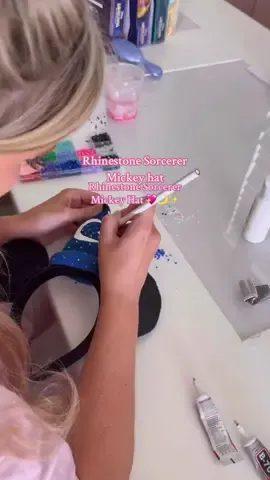 A post by @aliceclarkpayne on TikTok caption: Rhinestone everything ✨ and add bows too of course !! 🎀  Sorcerer Mickey is my favorite!! And I can’t wait to show you guys what else I’m working on !! #fantasmic #disneybound #sorcerermickey #rhinestone #bedazzle #sparkle #glitter 