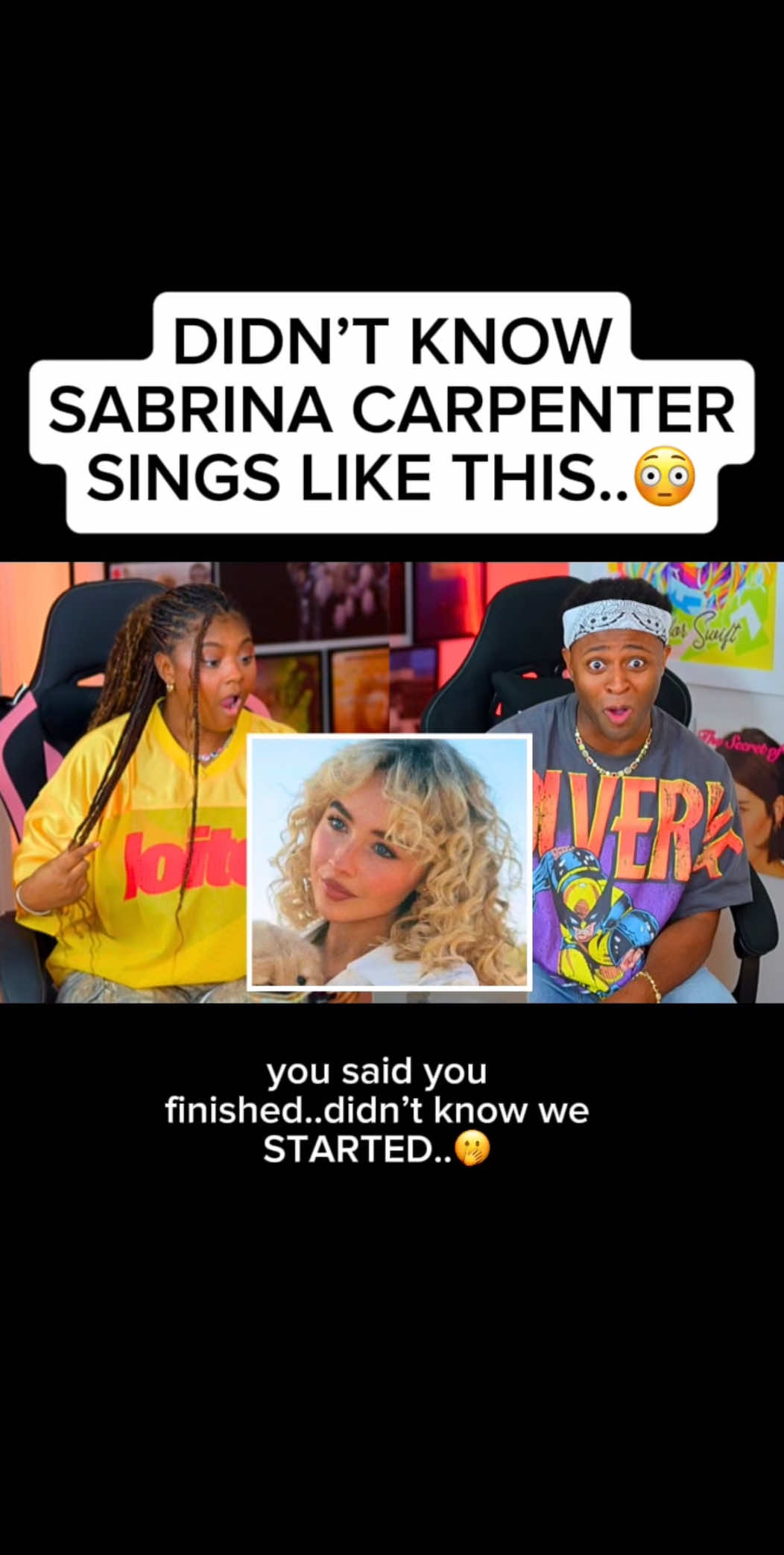 A post by @terryandkaniyia on TikTok caption: @Sabrina Carpenter NEVER misses😩🔥 our 12 min breakdown of this & our reaction to her album “emails I can’t send” & “15 minutes” is on our Patreon‼️ #manchild #sabrinacarpenter #taylorswift #pop #singer #country #reaction #terryandkaniyia 