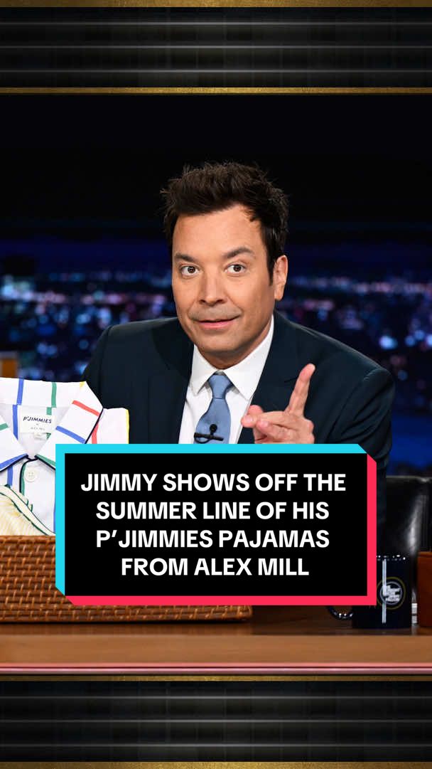 A post by @fallontonight on TikTok caption: Jimmy shows off the new summer line of his P’Jimmies pajamas from Alex Mill! #FallonTonight #TonightShow #JimmyFallon  Buy now at the link in bio! 