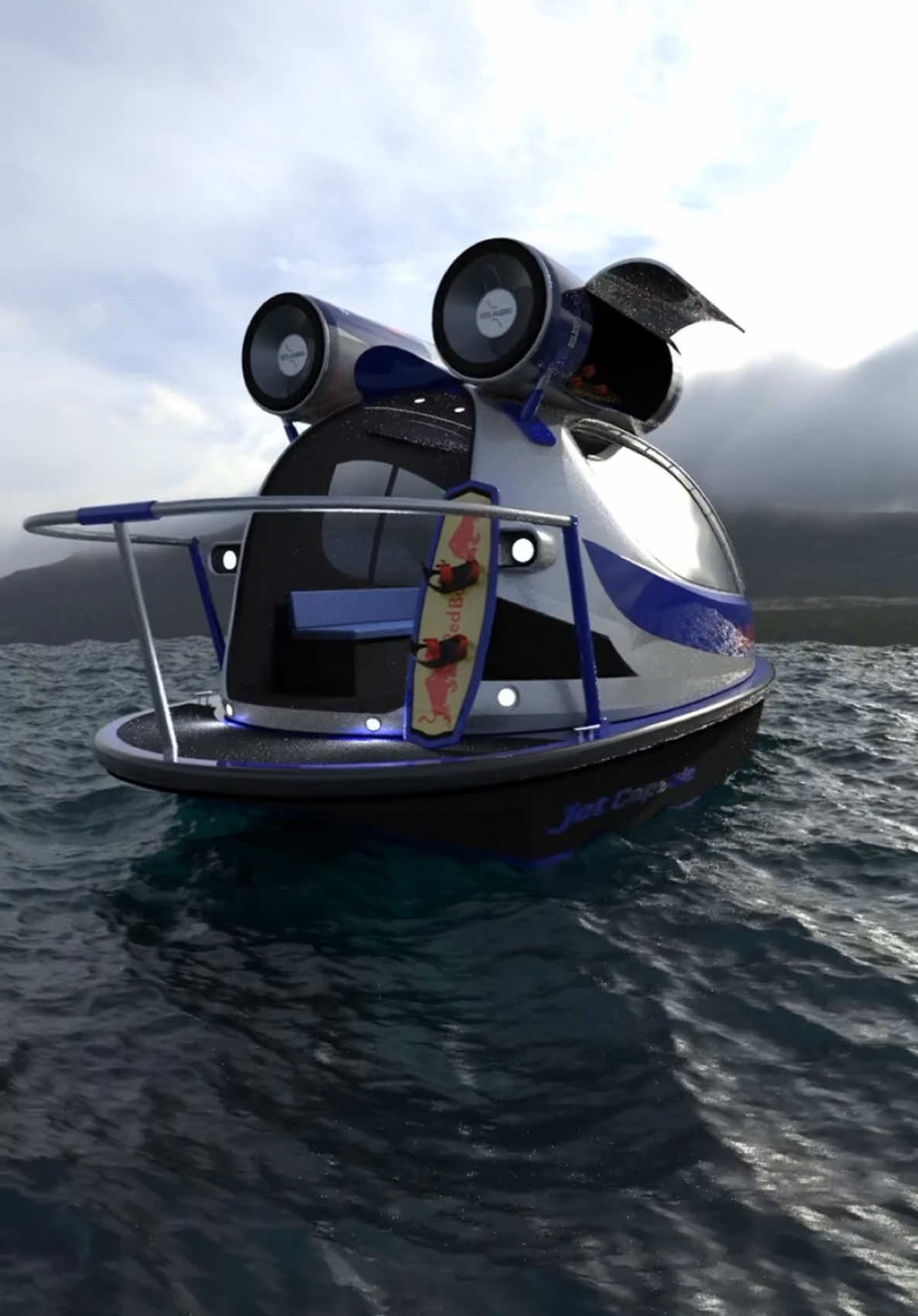 A post by @ on TikTok caption: Maybe we can do some #party  Together? @Red Bull   #jetcapsule #jet #capsule #partycapsule #redbull  #seajet #watercraft #yacht #projectcar #proposal #design #boats #superyacht #wakeboarding #wakeboard #watertoy #fun 
