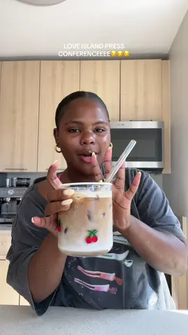 A post by @jillian.bruno on TikTok caption: OH WE ATE GOOOOOOD LAST NIGHT W/ THIS EP😭😭 im legit itching to watch on Thursday I cannot wait👀💓 #loveisland #loveislandusa #loveislandpressconference #loveislanddebrief #coffeetalk #coffeetalk #coffeechat #nyc 