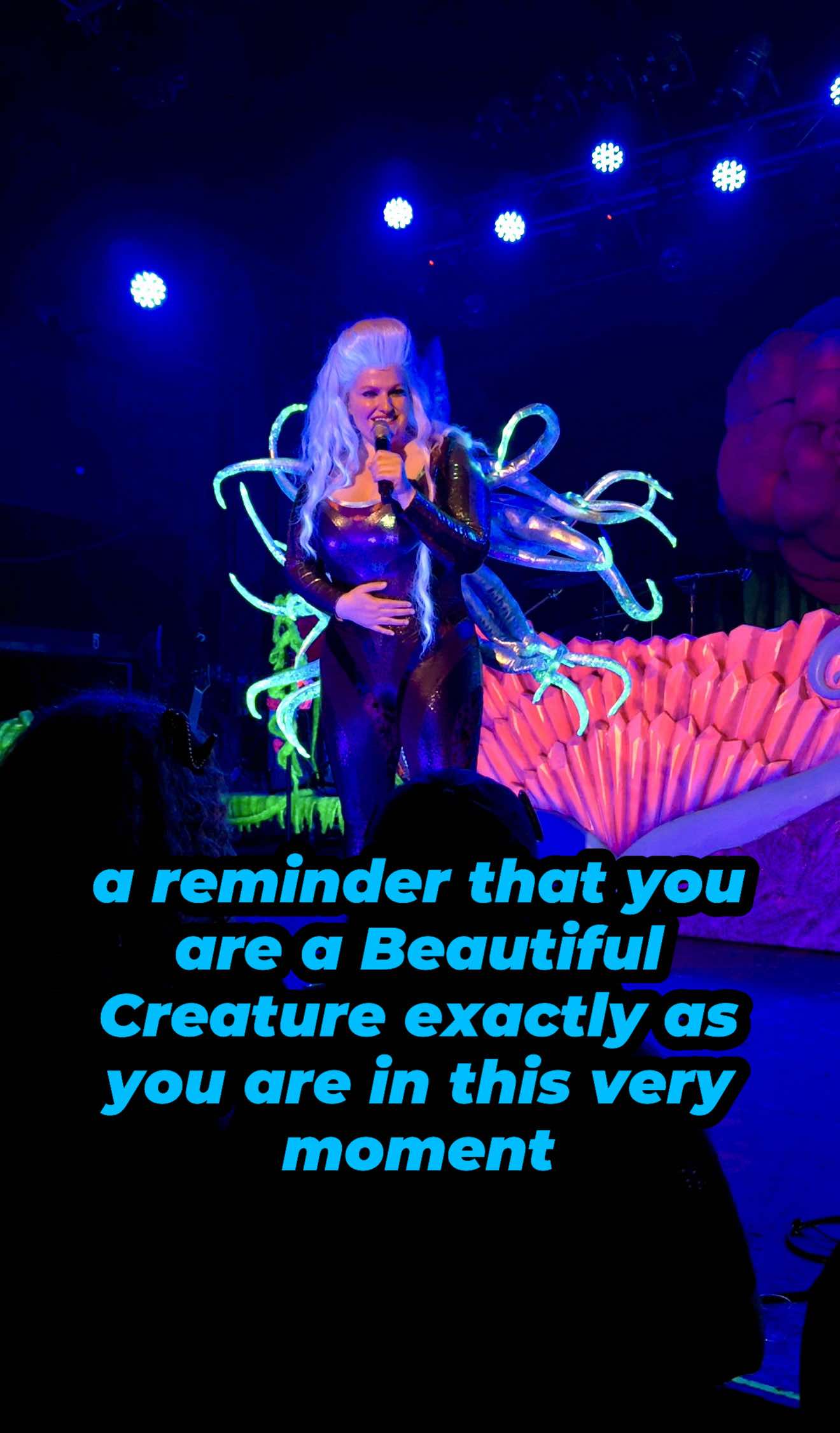 A post by @madgallica on TikTok caption: One of my favorite moments of our show was singing this song with you. The love, the tears, the magic of music connected us as one beautiful entity. I love you, Beautiful Creatures ✨ This connection we share is why I do this. 🩷  Tendrils & bodysuit made by Lizzie Lovett  #madgallica #musicmagic #enterthevortex #raleighnc #LiveMusic #beautifulcreature