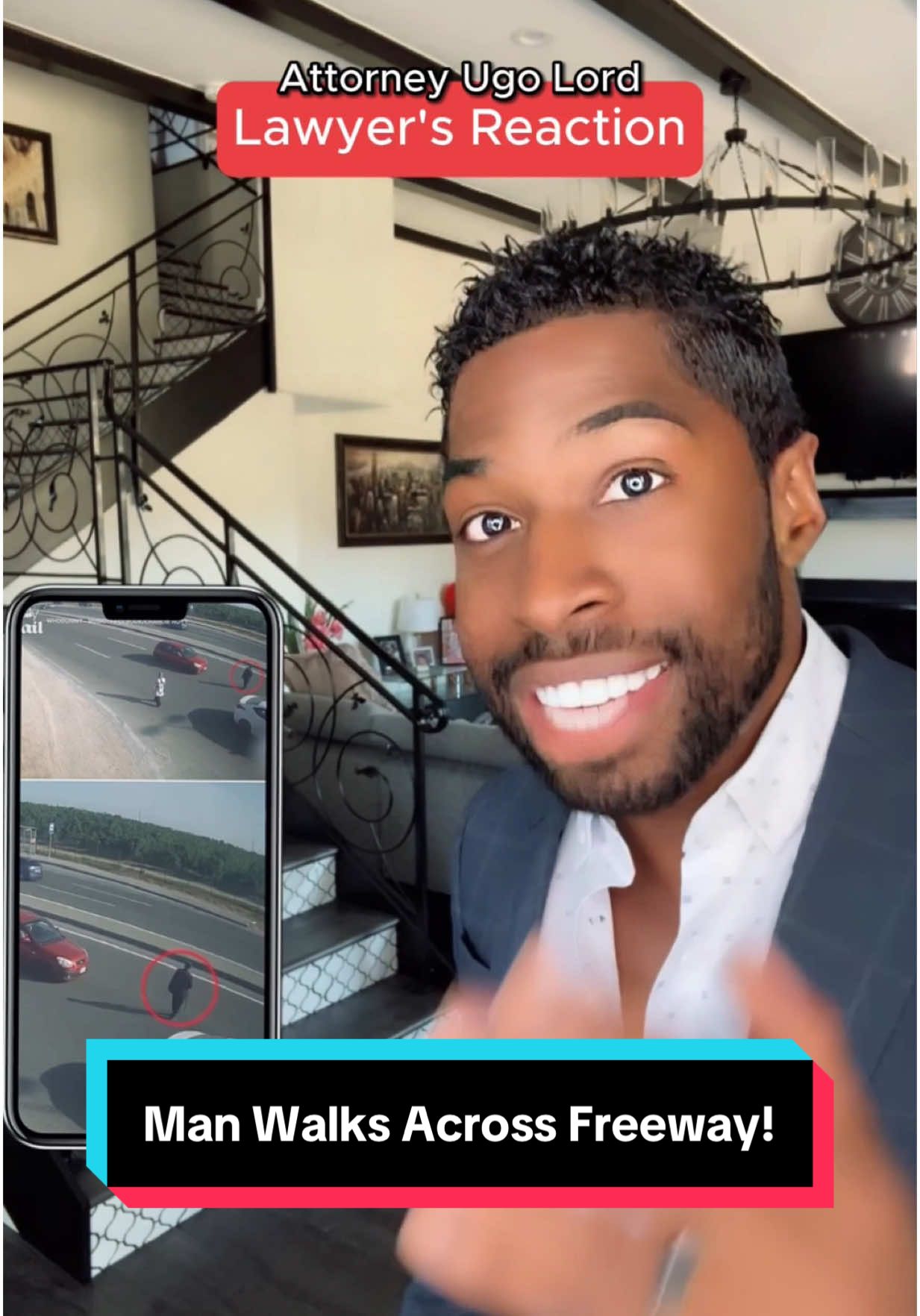 A post by @ugolord on TikTok caption: Replying to @dannywayairi Man Walks Across Freeway—Then a Crash Happens! Who’s Mostly Liable to the Red Car? Attorney #UgoLord reacts!  #lawyer #TikTokPartner #TikTokLearningCampaign #stitch with  @Daily Mail 