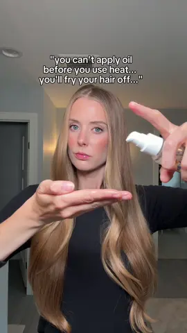 A post by @abbeyyung on TikTok caption: Is it true that you can’t use oil before you apply heat because it will fry your hair off? Nope… or hair oils with heat protection wouldn’t exist and there are a LOT of them!  #hairoil #hairoiling #heatprotectant 