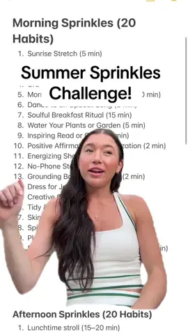 A post by @shelbysacco5 on TikTok caption: Summer sprinkles challenge: a way to find new healthy habits you want to build!! In this video I share 60 examples of summer sprinkles!! If you want to learn more I have a post on my ig 🫶🏼 #summersprinkles #summersprinklechallenge 