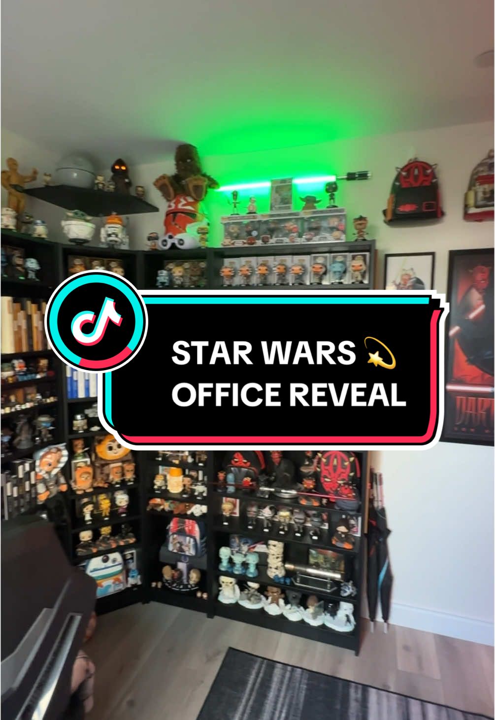 A post by @blakespopnook on TikTok caption: im sure it will continue to change and evolve, but i cant believe i get to work in here every day. 😭🫶🏼🤍💫 @Star Wars #homeoffice #starwars #blakespopnook #fandomlife 
