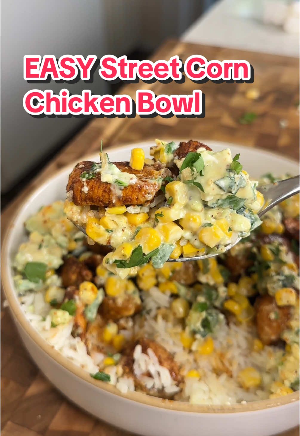 A post by @ice.karimcooks on TikTok caption: SAVE THIS ‼️ High Protein Street Corn Chicken Bowl 😍 (recipe 👇🏽)  EXQUISITE EATS!!! My debut cookbook is now available for preorder!!! 85+ delicious and healthy recipes to help you achieve your goals! Link in my bio 🙌🏼❤️ Macros per serving (1 cup rice per serving) (X3): 590 Calories |55g P | 47g C | 17g F For the chicken: 1.5lbs chicken breast, cubed Salt & Pepper, to taste 1 teaspoon Garlic powder 1 tsp chili powder 1 tsp paprika  1/4 tsp cumin Olive oil, 1 tbsp to marinate Avocado oil spray, to cook Street Corn Salsa: 2 cups corn 🌽  1/4 cup light mayonnaise  1/4 cup cotija cheese 🧀  1 lime juice and zest 🍋‍🟩  1 Jalapeño, finely diced 🌶️  2-3 tbsp chopped cilantro 🌿  1 avocado, cubed 🥑  1 tsp Tajin, (optional) Enjoy 😍 . . . . #icekarim #healthyrecipes #easyrecipes #mealprep #quickrecipes 