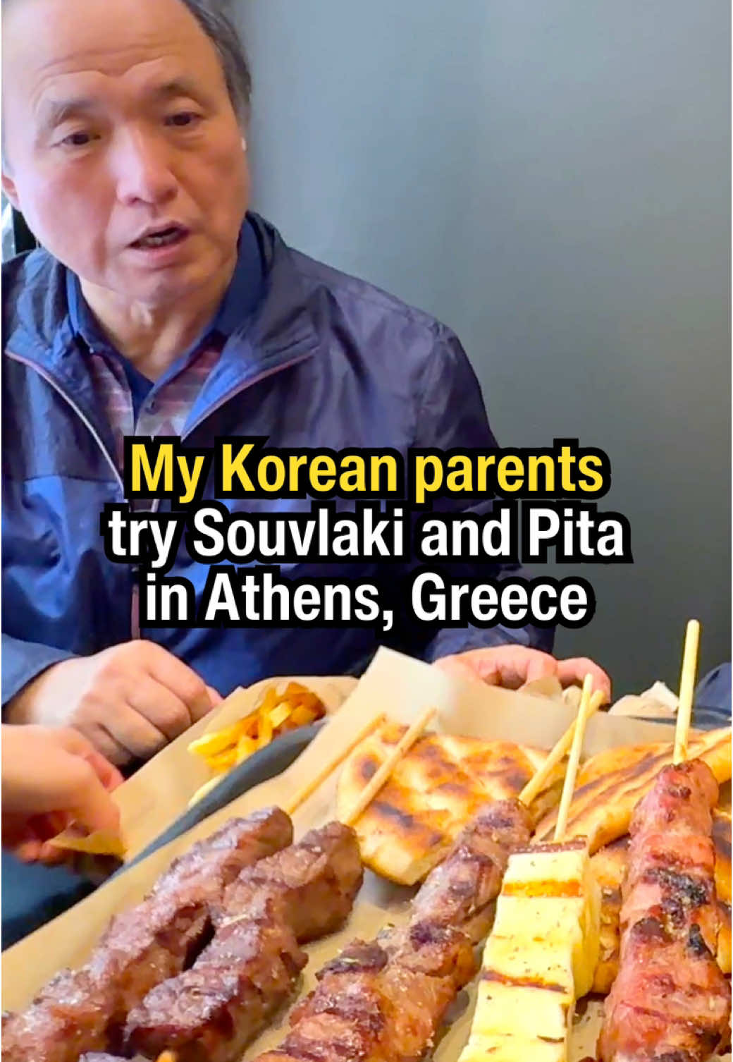 A post by @crazykoreancooking on TikTok caption: Full Greece Vlog on YT. Iink in pr0flle. This was our first meal in Greece after 10 hour red eye flight to Greece. Mom and dad didn’t sleep on the plane because they were playing games. So they were very tired when we went for souvlaki. There was another supposedly best place called Kostas but the line was too long. We heard Street Souvlaki was just as good.  Overall I think it’s hard to find bad restaurants in Greece. All the food we had was fresh and tasted wholesome and delicious. #greekfood #souvlaki #pita #athens #gyro #mukbang #foodreview #αθηνα #mediterranean 