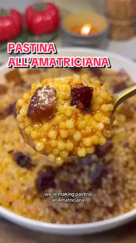 A post by @heresyourbite on TikTok caption: Pastina all’Amatriciana ❤️‍🔥  My favorite of the four Roman pastas. Ingredients below, full recipe is linked in my Substack! 4 oz guanciale, diced 1 tsp red pepper flakes (or to taste) 1/4 cup dry white wine 1 cup tomato passata 1 cup pastina 2.5 cups water Salt and black pepper, to taste 1 cup freshly grated Pecorino Romano #amatriciana #allamatriciana #romanpasta #italian #italianfood #italianpasta #pastaitaliana #easyrecipes #pastina #guanciale #simplerecipe #simplefood #onepotmeals #onepot #onepotmeals #foodtok #pastatok 